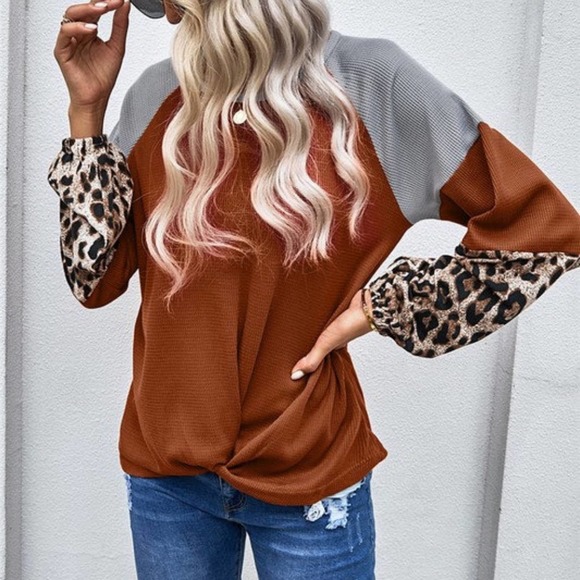 Leopard Color Block Long Balloon Sleeve Waffle Knit Knot Front Women's Top S - Picture 1 of 9